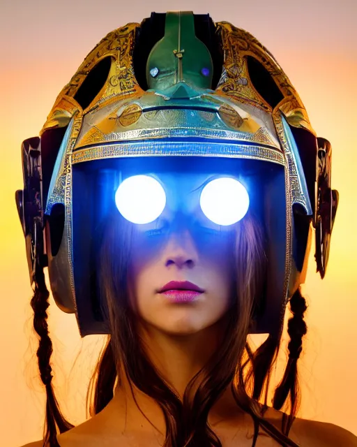 Image similar to centered medium shot fine studio photograph of a beautiful girl wearing only a mecha electronic native sioux indian helmet with bright lights, ultra-realistic, white background, 8k HDR sunset lit, intricate