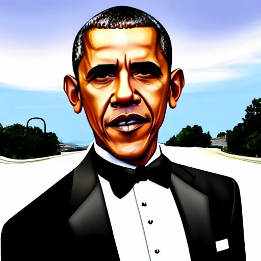 Image similar to Barack Obama Gangster wearing a Tuxedo on the cover of gta San Andreas