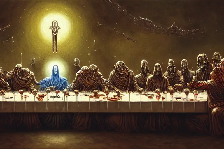 Prompt: painting of tech priests dining at the last supper, adeptus mechanicus!, cybernetic enhancements attached to his body, praise the omnissaiah, zdzislaw beksinski, lewis jones, mattias adolfsson, warhammer 4 0 k!!, cold hue's, warm tone gradient background, concept art, digital painting