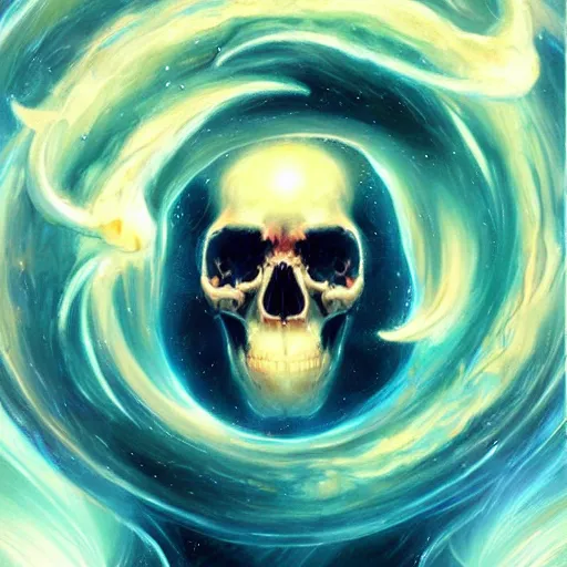 Prompt: the spiraling flow of the super nova is what forms the ancient preist skull, by ross tran, oil on canvas