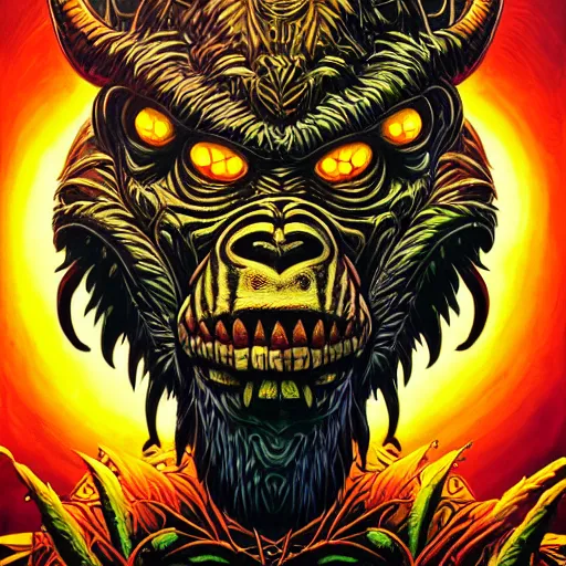 Image similar to barong family member, wiwek, mara demon, one single tribe member, jungle, one single mask, dark, ancient warrior, gorilla, lizard, tribal, inner glow, art by dan mumford and justin gerard