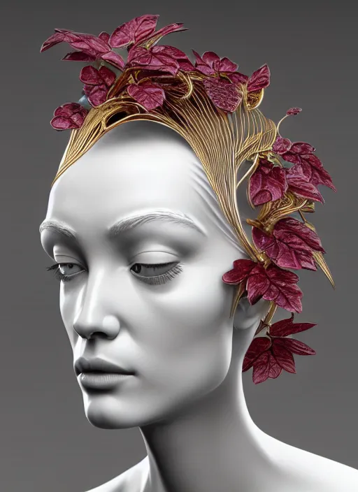 Image similar to complex 3d render ultra detailed of a beautiful porcelain profile woman face, mechanical vegetal cyborg, 150 mm, beautiful studio soft light, spot light, rim light, silver gold red details, luxurious, magnolia big filigran leaves and stems, roots, Alexander Mcqueen haute couture, fine foliage lace, mesh wire, filigran metallic intricate details, hyperrealistic, mandelbrot fractal, anatomical, silver metal armor, facial muscles, cable wires, microchip, elegant, white background, beautiful white teeth, octane render, H.R. Giger style, 8k