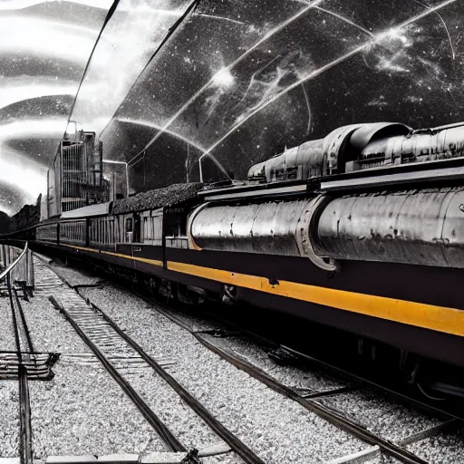 Image similar to a steampunk train traveling through space