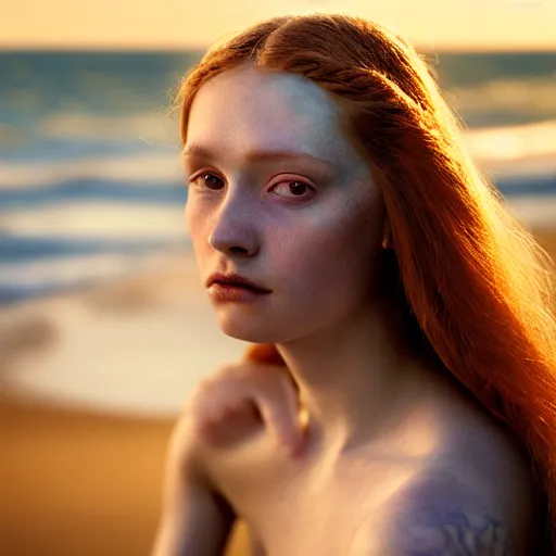 Prompt: high detail photographic portrait of a stunningly beautiful english renaissance female with small tattoo in soft dreamy light at sunset, beside the sea, soft focus, contemporary fashion shoot, hasselblad nikon, in a denis villeneuve movie, by edward robert hughes, annie leibovitz and steve mccurry, david lazar, jimmy nelsson, hyperrealistic, perfect face