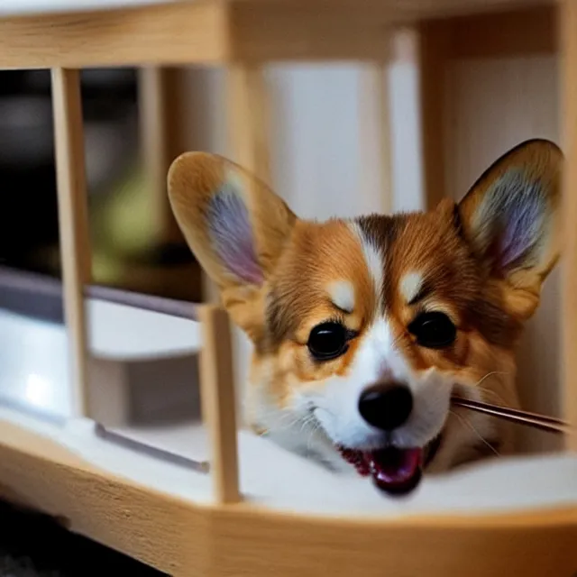 Image similar to a cute corgi lives in a house made of sushi