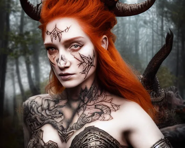 Prompt: 5 5 mm portrait photo of an armored gorgeous anesthetic redhead woman warrior with a face tattoo and horns growing from her head, and dragon sitting on her shoulder in a magical forest in the style of stefan kostic, art by luis royo. highly detailed 8 k. intricate. lifelike. soft light. nikon d 8 5 0. cinematic post - processing
