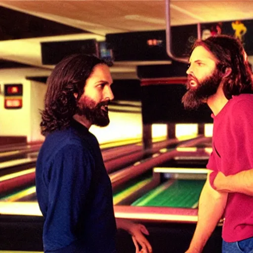 Prompt: jesus and satan arguing at the bowling alley