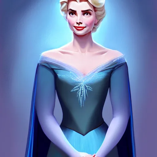 Image similar to Grace Kelly with Dark Blue Hair as Elsa from Frozen, western, D&D, fantasy, intricate, elegant, highly detailed, digital painting, artstation, concept art, matte, sharp focus, illustration, art by Artgerm and Greg Rutkowski and Alphonse Mucha