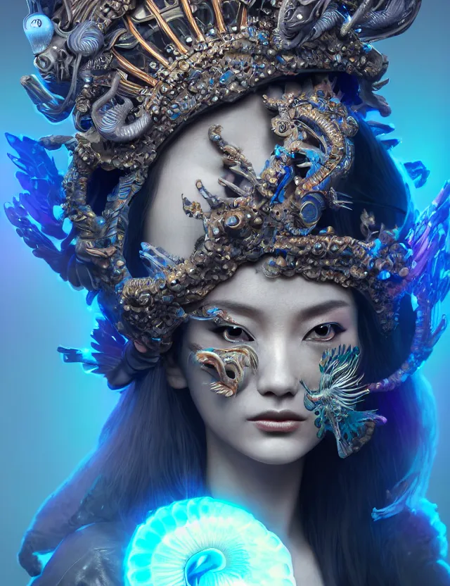 Image similar to 3 d goddess close - up profile portrait with crown, ram skull. beautiful intricately detailed cyberpunk japanese crow kitsune mask and clasical japanese kimono. betta fish, jellyfish phoenix, bio - luminescent, plasma, ice, water, wind, creature, artwork by tooth wu and wlop and beeple and greg rutkowski