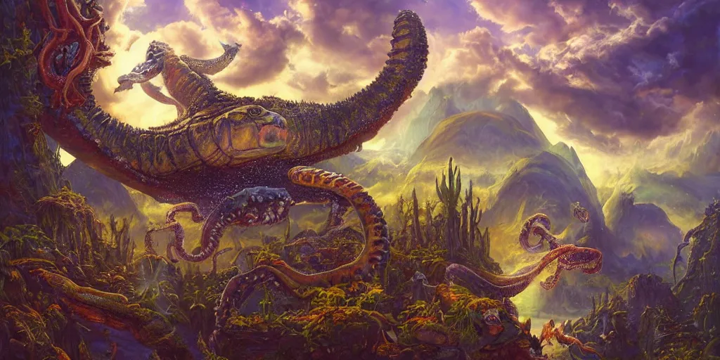 Image similar to fantasy oil painting, great leviathan, cybernetic turtle cephalopod terrapin reptilian pachyderm squid, bella hadid, hybrid, milla jovovich, anubis, epic natural light, lush plants flowers, spectacular mountains, bright clouds, luminous sky, outer worlds, golden hour, michael cheval, edward hopper, michael whelan, vray, hd