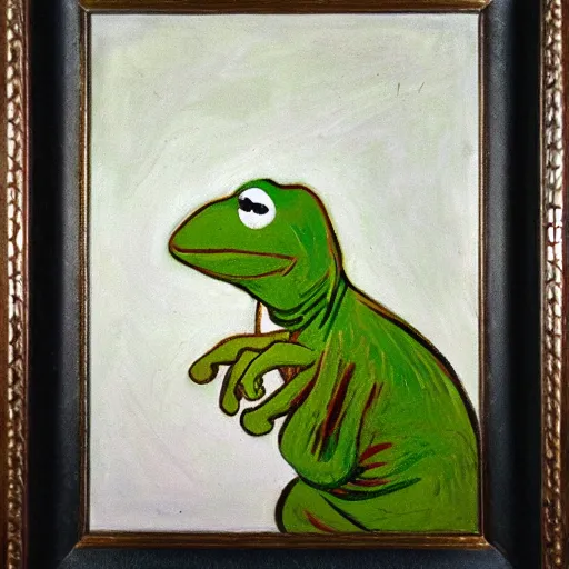 Prompt: kermit portrait, oil painting, visible brush strokes, by van gogh