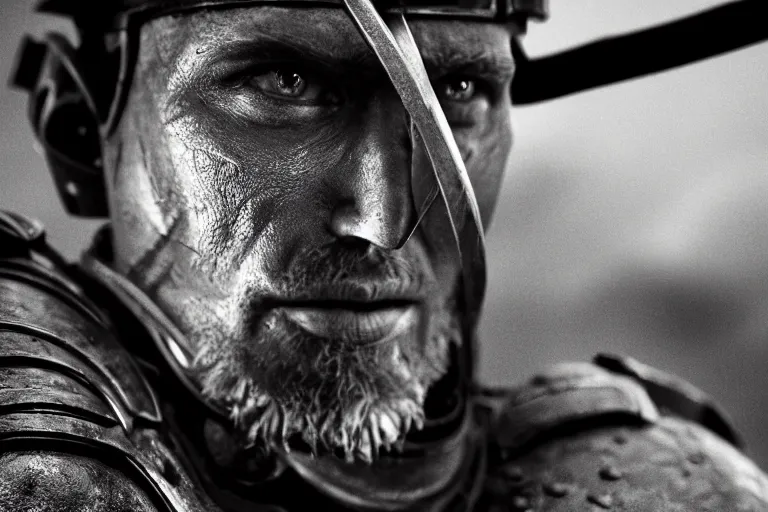 Prompt: still photo of castle age war man looking at the camera in a battlefield, black and white color aesthetic, highly detailed, photorealistic portrait, bright studio setting, studio lighting, crisp quality and light reflections, unreal engine 5 quality render