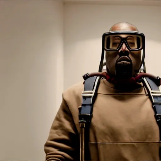 Prompt: cinematic shot of Kanye West wearing a half-life HEV suit and holding a crowbar in an apartment, 8k, professional lighting,