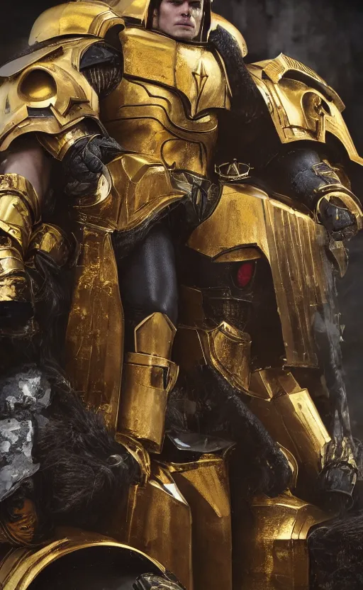 Image similar to Henry Cavill as warhammer 40k Emperor of Mankind dressed in his golden power armor. full-length portrait, beautiful face, long hair, painted by Donato Giancarlo and Annie Liebowitz, fine details, cinematic, highly detailed, octane render