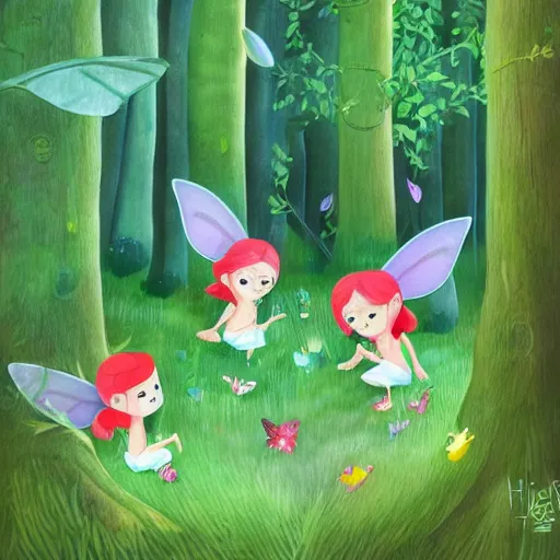 Prompt: tiny fairies playing hide and seek in a beautiful forest, green, colourful, playful, fine art, illustration