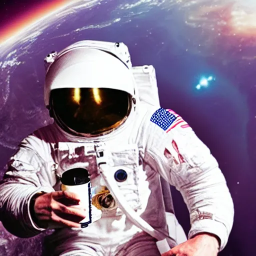 Image similar to an astronaut mid-space holding a beer can and a vintage camera