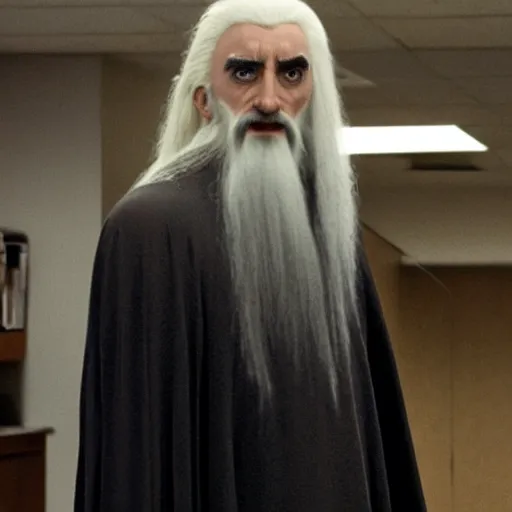 Image similar to saruman in the dunder mifflin office, realistic photograph