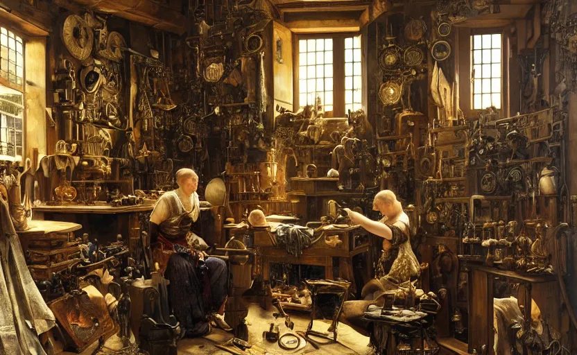 Image similar to the watchmaker's workshop, intricate, highly detailed, by edgar maxence and caravaggio and michael whelan and delacroix style, ambient lighting, photorealistic, extremely detailed, establishing shot, high resolution, dramatic lighting