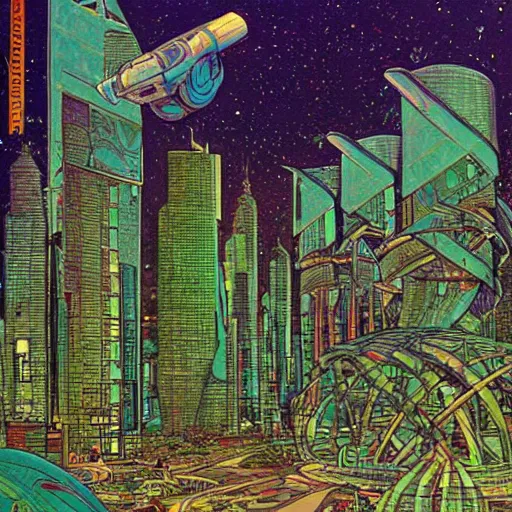 Prompt: beautiful solarpunk city, built from the shell of a crashed spaceship, verdant and lush, art by moebius, illustration