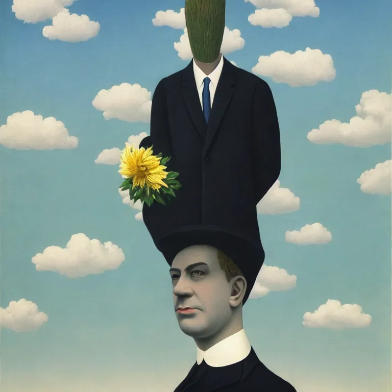 Image similar to portrait of a faceless beautiful flower - head man in a suit, clouds in the background, by rene magritte, detailed painting, distance, middle centered, hd, hq, high resolution, high detail, 4 k, 8 k