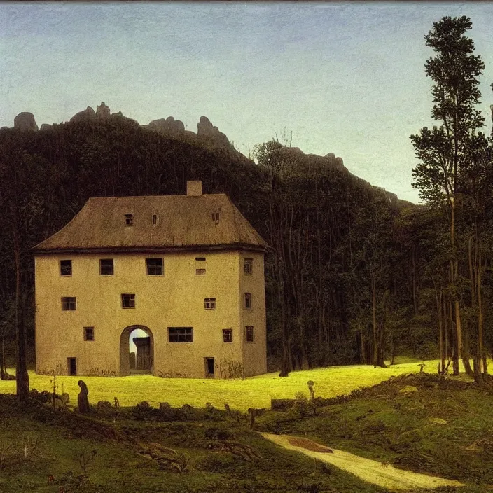 Prompt: a building in a serene landscape, by caspar david friedrich