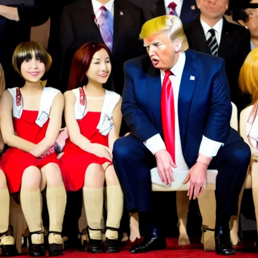 Image similar to donald trump talks to anime girls, professional photo