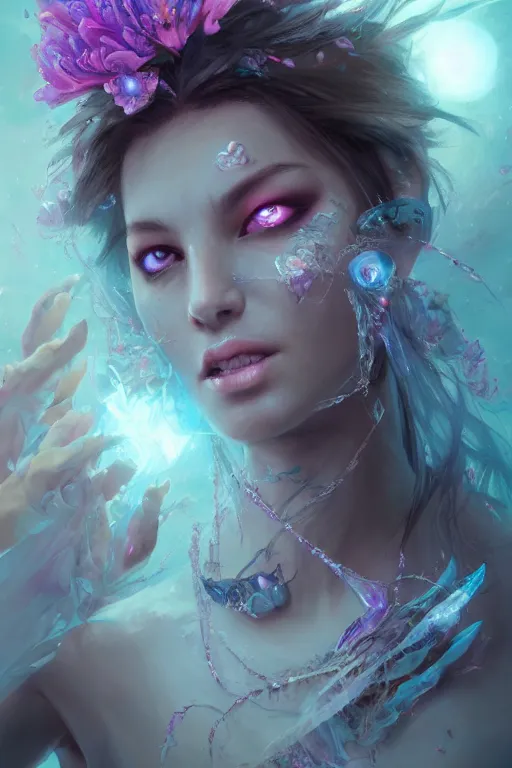 Image similar to fairy face closeup of beautiful girl necromancer, witch - doctor covered with crystals exploding into ice, 3 d render, hyper realistic detailed portrait, holding magic flowers, ruan jia, wlop. scifi, fantasy, hyper detailed, octane render, concept art, peter mohrbacher