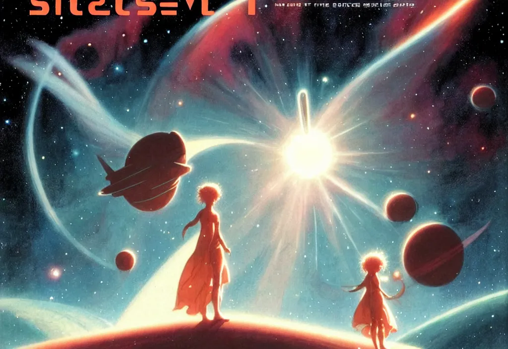 Image similar to illustrated by moebius and greg rutkowski, romantic!!! space scene!! with standing young girl!!!!, orbit of earth!, futuristic orbital station!!!!, nebulae!!, starry sky!!, rule of third!!!!, vintage cover of sci - fi magazine, cinematic!!