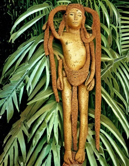 Image similar to vintage color photo of a 1 1 0 million years old inca gold sculpture covered by the jungle vines