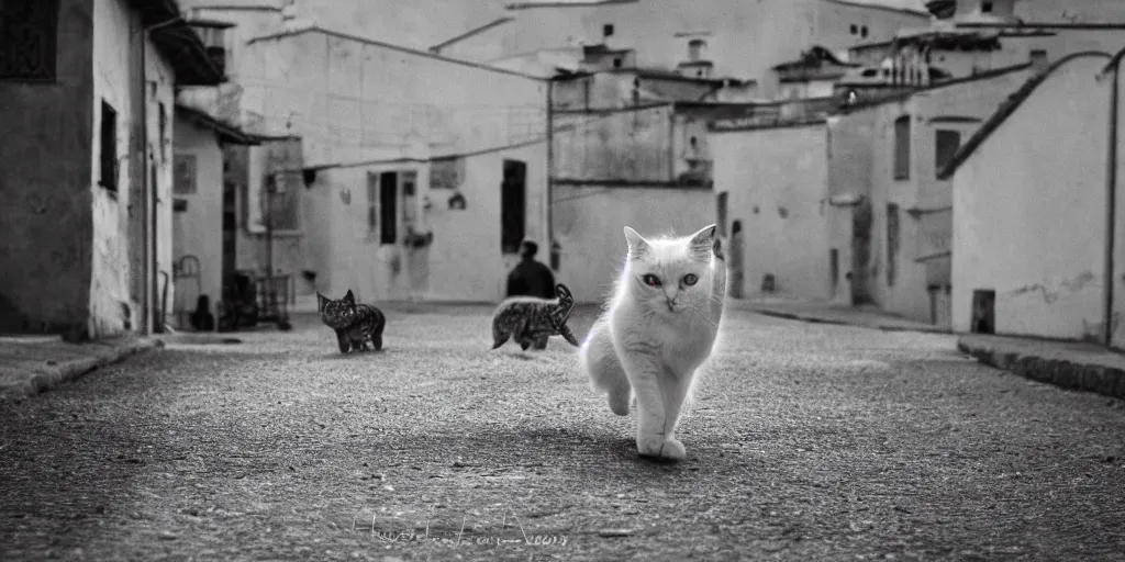 Image similar to photography of a cat running away with mortadella in his mouth with trullo houses in the background, photoreal, 3 5 mm, award winning photography