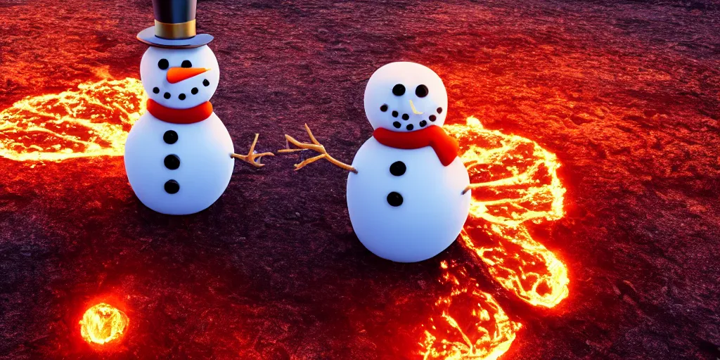 Prompt: a melting snowman standing on top of the sun. the ground is made of fire and lava and is glowing orange. cinematic, dramatic, epic, volumetric lighting, atmospheric, red, orange extremely coherent, 8 k, space