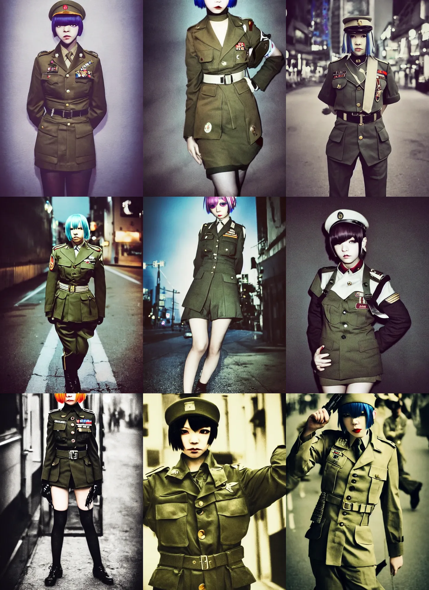 Prompt: lomography, full body portrait photo of reol wearing a retro military uniform marching down the street in shibuya exterior at night, moody, realistic, dark, skin tinted a warm tone, light blue filter, hdr, rounded eyes, detailed facial features, very dark, dynamic pose, dynamic perspective