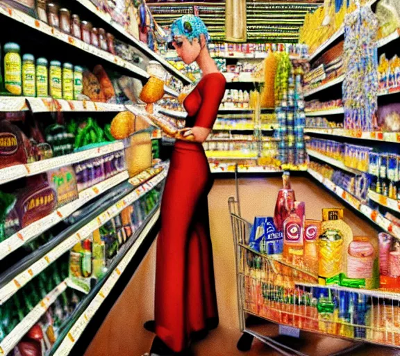 Image similar to low angle photography cleopatra in a grocery store, deep focus, intricate, elegant, highly detailed, digital painting, artstation, concept art, matte, sharp focus, illustration, art by nan goldin, cinematographyby jom jarmusch