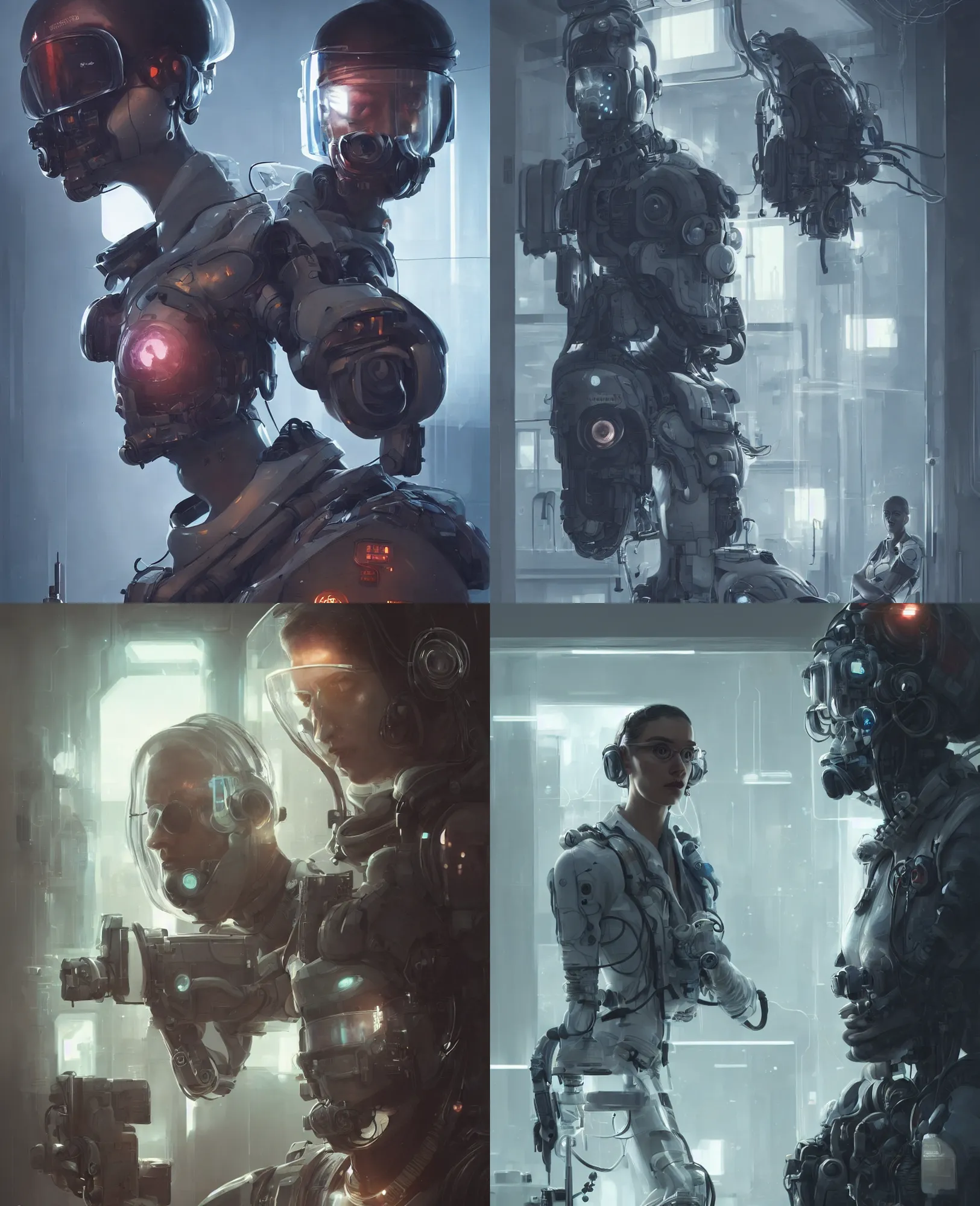 Prompt: a portrait of a scifi operator in the laboratory, clear face, cyberpunk suit, character portrait, greg rutkowski, cedric peyravernay, denys tsiperko, artstation, 8 k