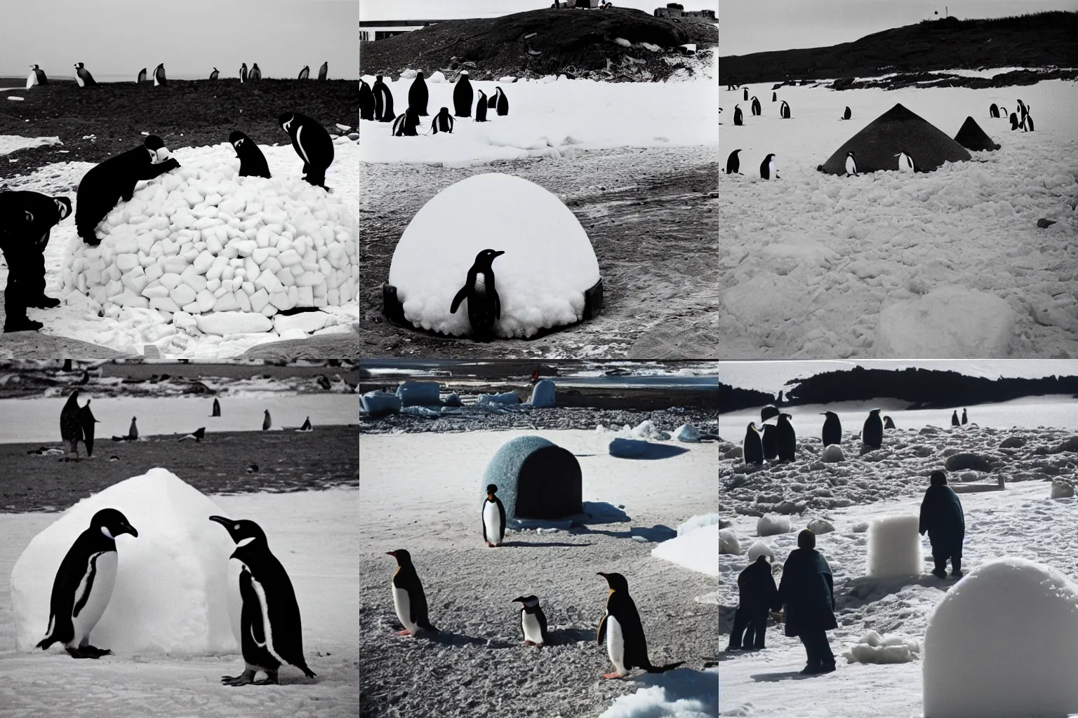 Prompt: penguins building an igloo on the beach, 33mm photo
