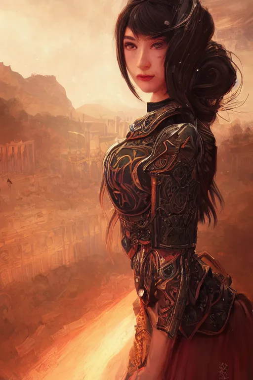 Prompt: portrait knights of Zodiac girl+smoky eyes, black and red reflected armor, in ruined Agora of Athens, black magic night, ssci-fi, fantasy, intricate, very very beautiful, elegant, golden light, highly detailed, digital painting, artstation, concept art, smooth, sharp focus, illustration, art by tian zi and WLOP and alphonse mucha