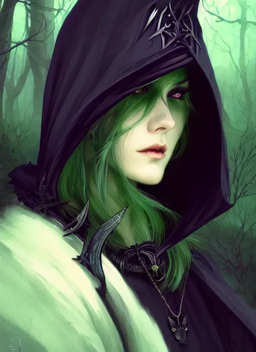 Image similar to side portrait dark witch with hood, adventurer outfit large cloak, fantasy forest landscape, moonshine, fantasy magic, undercut hairstyle, short green black fade hair, dark light night, intricate, elegant, sharp focus, illustration, highly detailed, digital painting, concept art, matte, art by WLOP and Artgerm and Greg Rutkowski and Alphonse Mucha, masterpiece