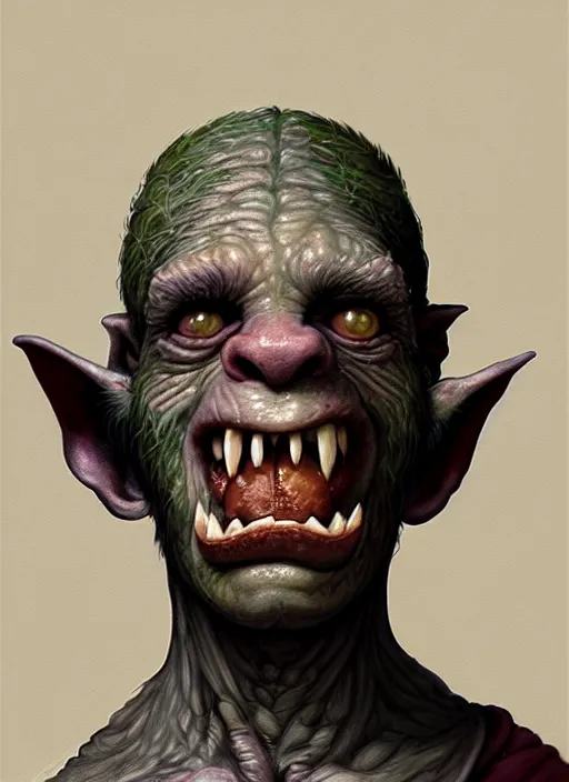 Image similar to profile face portrait of a medieval goblin eating cakes in the cloisters, beautiful face, hyper realistic, highly detailed, digital painting, artstation, illustration, concept art by hyung tae and frank frazetta, digital paint, matte paint, washed colors, dark, gloomy