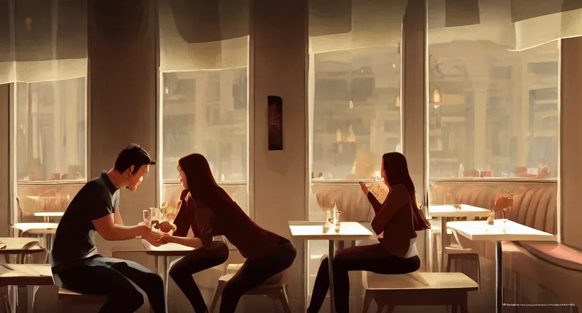 Prompt: a guy and a girl on a date in a restaurant, far corner. art by salman toor. faithfully depicted facial expression, perfect anatomy, sharp focus, global illumination, radiant light, detailed and intricate environment, trending on artstation