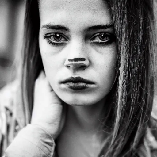 Prompt: black and white fashion photograph, highly detailed portrait of a depressed girl as a drug dealer on a busy Paris street, detailed face looking into camera, eye contact, natural light, rain, mist, lomo, fashion photography, film grain, soft vignette, sigma 85mm f/1.4 1/10 sec shutter, Daren Aronofsky film still promotional image, IMAX 70mm footage