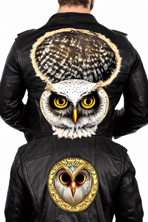 Prompt: owl wearing biker gang jacket with label which says hoo - ligan, portrait photo, full body, backlit, studio photo, golden ratio