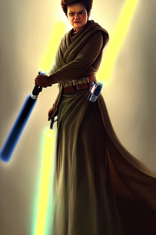 Image similar to breathtaking detailed concept art painting of a jedi dilma rousseff holding a lightsaber, by hsiao - ron cheng, exquisite detail, extremely moody lighting, 8 k