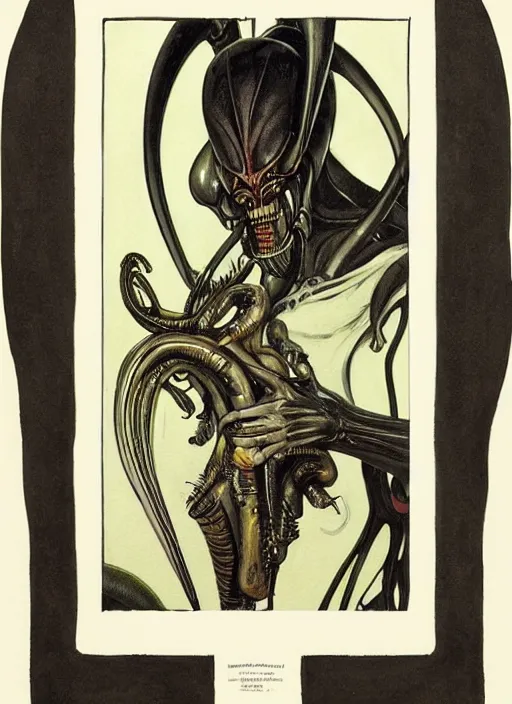 Prompt: a copic maker art nouveau portrait of a xenomorph by norman rockwell and giger