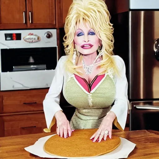 Prompt: Dolly Parton in a fancy deluxe kitchen, wearing a cat costume, baking cookies.