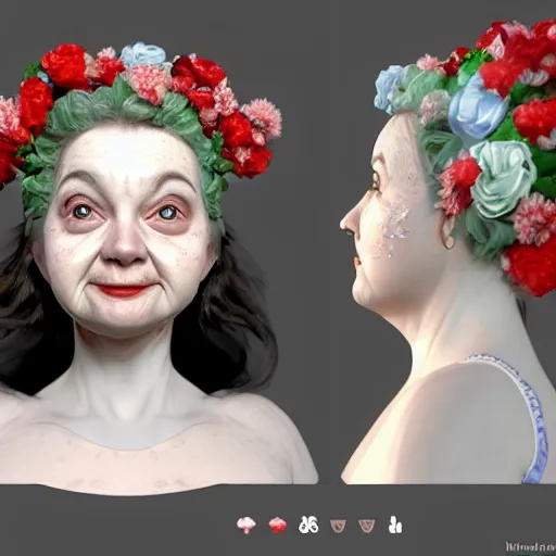 Prompt: of a very funny scene. ambient occlusion render. a sweet fat old woman is in kissing her reflection. flowery dress. mirror. symmetrical face, red mouth, blue eyes. deep focus, lovely scene. ambient occlusion render. concept art. unreal engine.