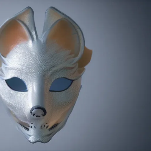 Image similar to a translucent complete holographic kitsune mask, intricate unreal engine 5 creation, movie still