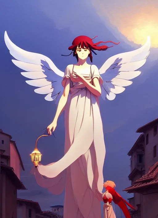 Image similar to florence italy in 1 8 2 0, an angel holds a nightingale bird in one outstretched hand and a turkish lamp in the other, finely detailed perfect art, gapmoe yandere grimdark, trending on pixiv fanbox, painted by greg rutkowski makoto shinkai takashi takeuchi studio ghibli