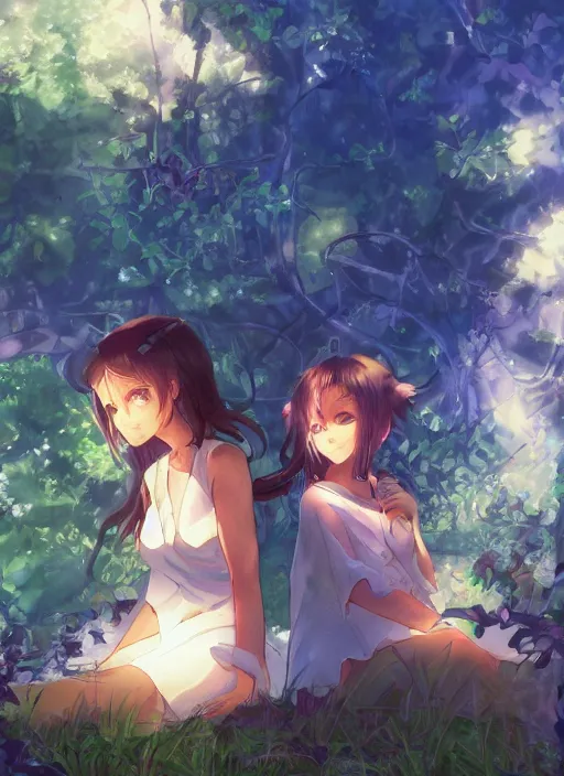 Image similar to two beautiful mothers outside on a hot summer evening, gorgeous faces, thick lines, cinematic lighting, detailed anime art