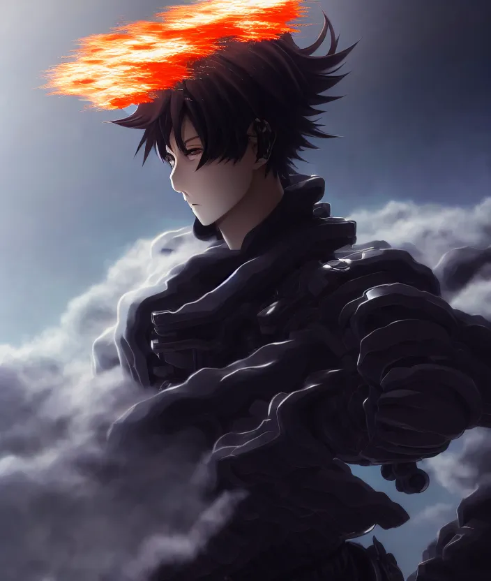 Image similar to a detailed manga illustration character full body portrait of a dark haired cyborg anime man shrouded in clouds of dark smoke and fire, trending on artstation, digital art, 4 k resolution, detailed, high quality, sharp focus, hq artwork, insane detail, concept art, character concept, character illustration, full body illustration, cinematic, dramatic lighting