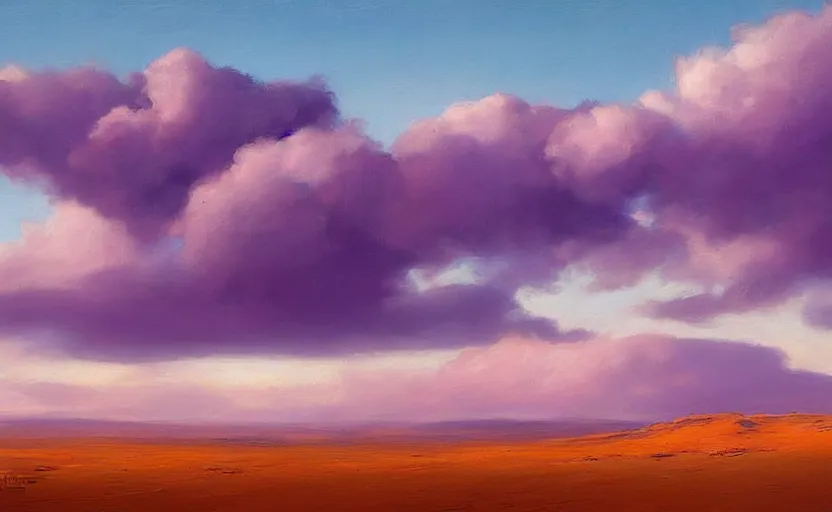 Prompt: a dreamy purple cloud scape above the aticama desert by vladimir volegov and peder mørk mønsted